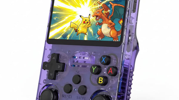 Purple R36S cover illustration with physical controls and colorful battle artwork.