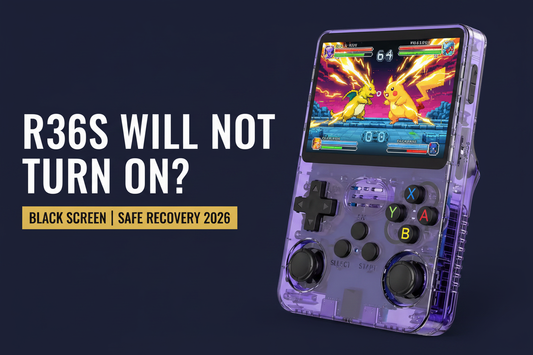 R36S will not turn on — 2026 — purple R36S retro handheld with a vivid battle screen for black screen, charging, microSD, and safe recovery troubleshooting guide by iGameConsole