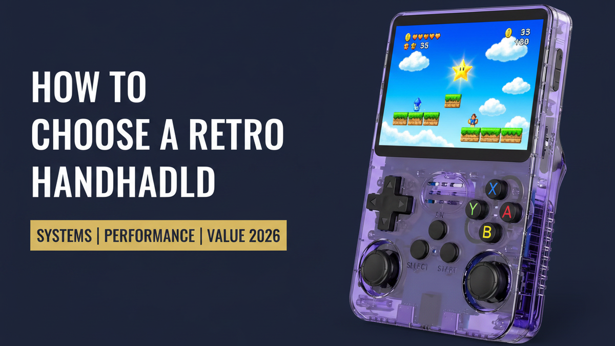 How to choose a retro handheld — 2026 — purple R36S showing a colorful classic 3D platform game for systems, performance, portability, and value buying guide by iGameConsole