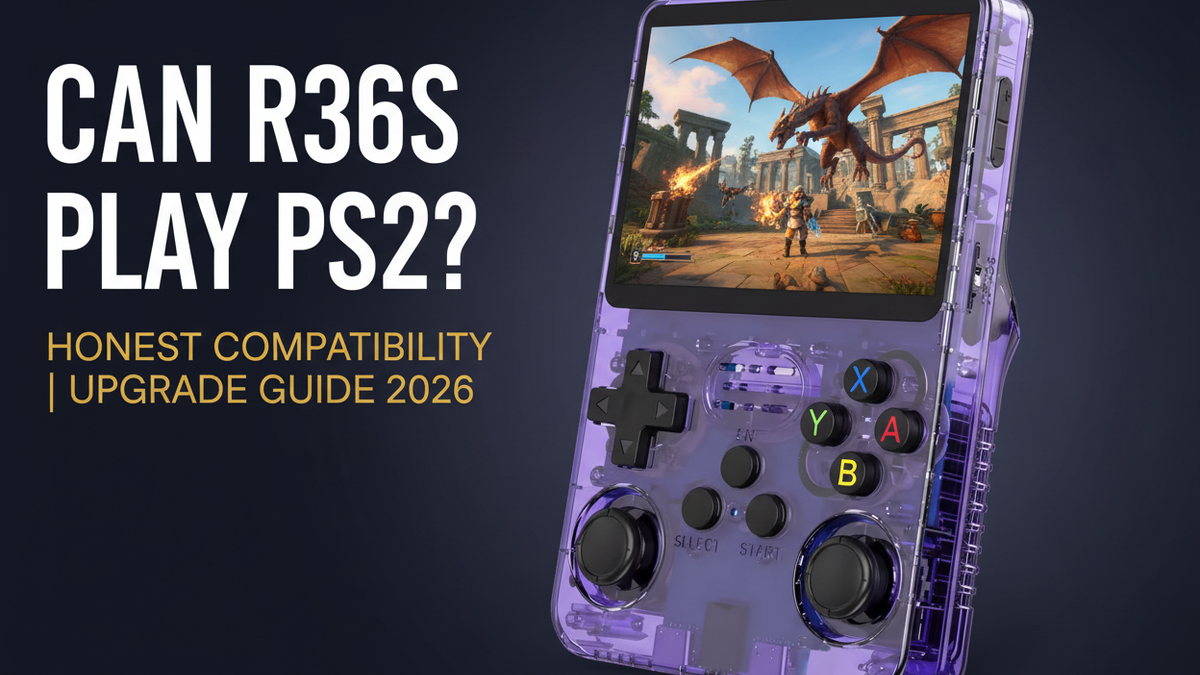 Can the R36S play PS2 — 2026 — purple R36S retro handheld with a vivid 3D action scene for the honest PS2 compatibility and upgrade guide by iGameConsole