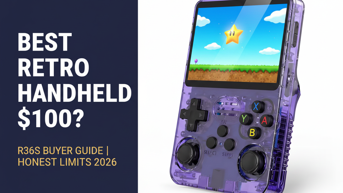 Best retro handheld under $100 — 2026 — purple R36S retro handheld showing a colorful classic 3D platform scene for the R36S buyer guide by iGameConsole