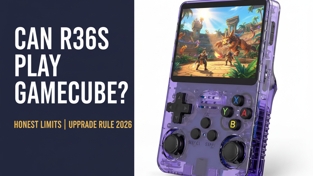 Can the R36S play GameCube — 2026 — purple R36S retro handheld with a vivid 3D action scene for the honest GameCube compatibility and upgrade guide by iGameConsole