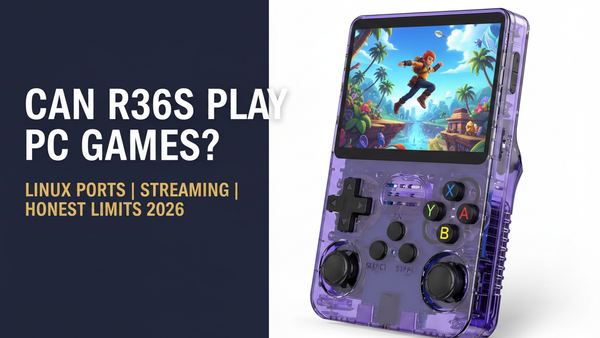Can the R36S play PC games — 2026 — purple R36S retro handheld with a vivid computer-style action scene for the Linux ports, streaming, and honest limits guide by iGameConsole