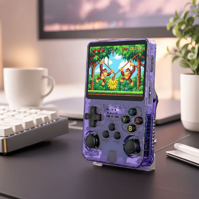 Purple R36S on a desk stand with jungle adventure artwork on its screen