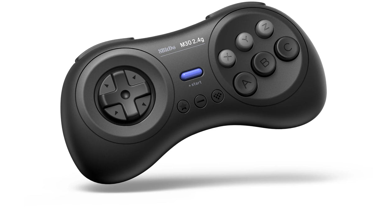 Black 8BitDo M30 2.4G reference with a circular D-pad and six face buttons