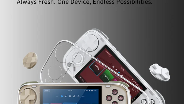 Pocket 1 source graphic showing a removable faceplate, alternate D-pads and LOONGOS menus