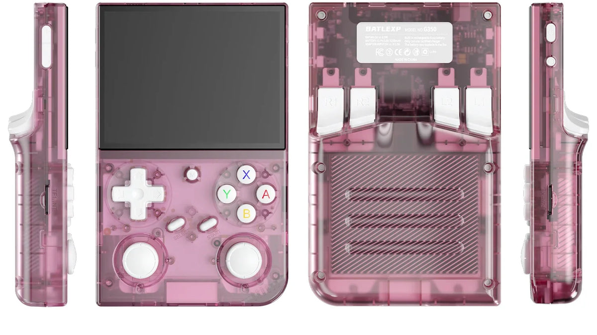 Crystal Pink G350 reference views with translucent shell, white controls and rear shoulder buttons