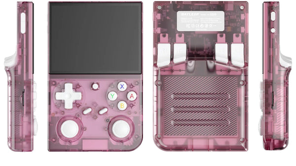 Crystal Pink G350 reference views with translucent shell, white controls and rear shoulder buttons