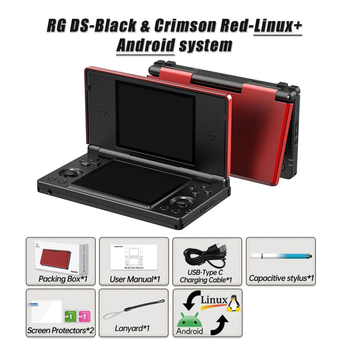 Black and crimson RG DS Linux plus Android source with inactive screens and accessory drawings.