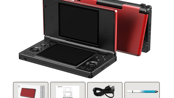 Black and crimson RG DS Linux plus Android source with inactive screens and accessory drawings.