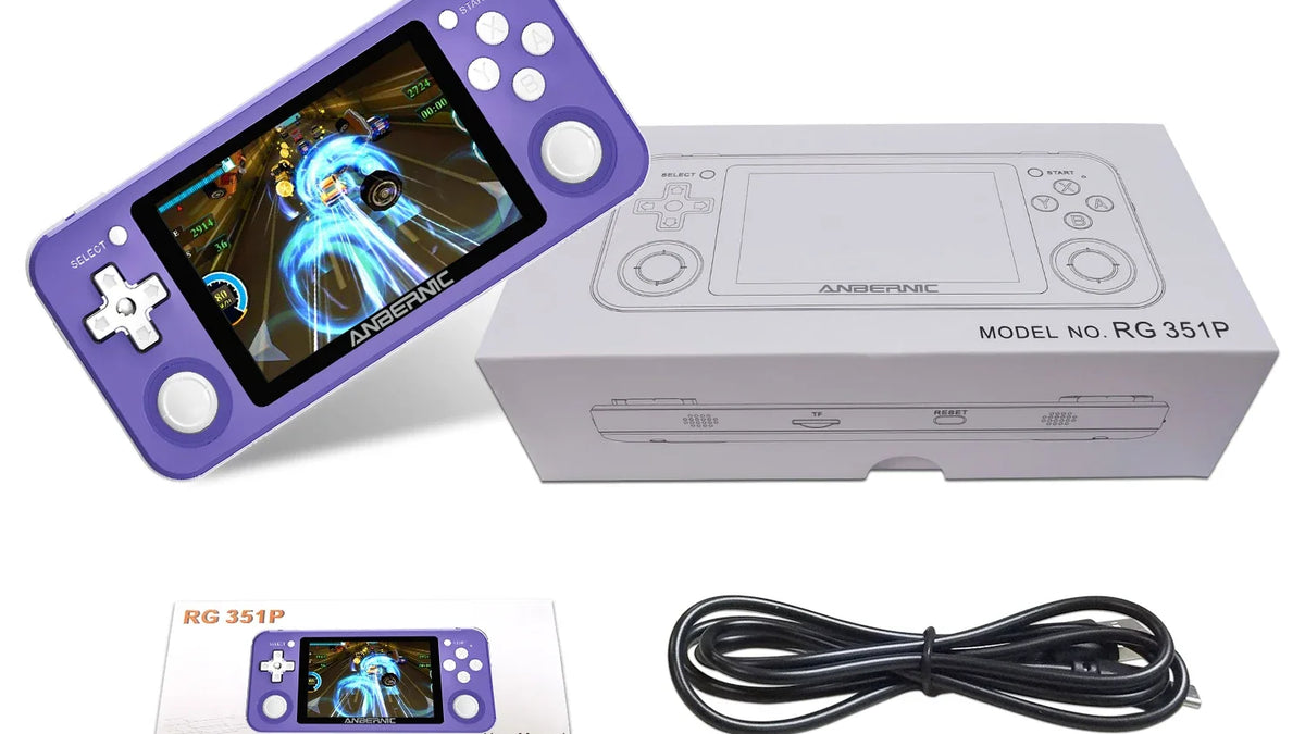 Purple RG351P with light controls beside its box, cable and manual in a packing illustration