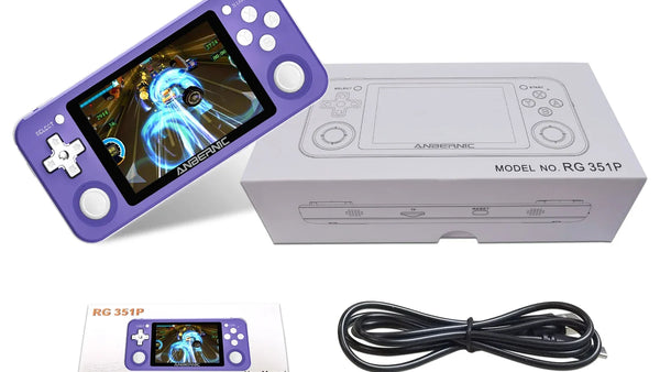 Purple RG351P with light controls beside its box, cable and manual in a packing illustration