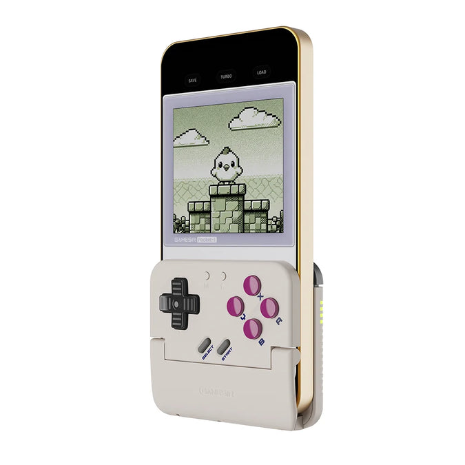 Retro White Pocket Taco attached to a portrait phone showing monochrome platform-game artwork