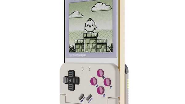 Retro White Pocket Taco attached to a portrait phone showing monochrome platform-game artwork
