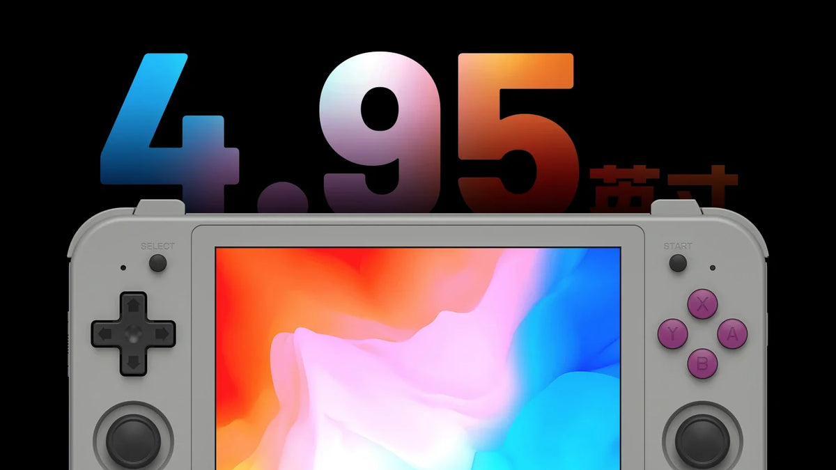 RG505 source artwork with grey hardware and advertised OLED display specifications