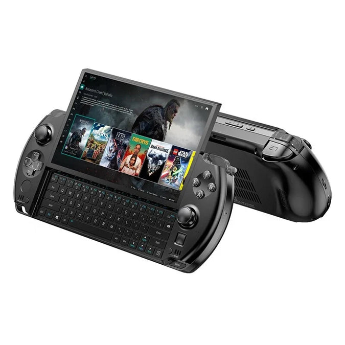 Black GPD WIN 4 reference with sliding screen open, compact keyboard and rear view