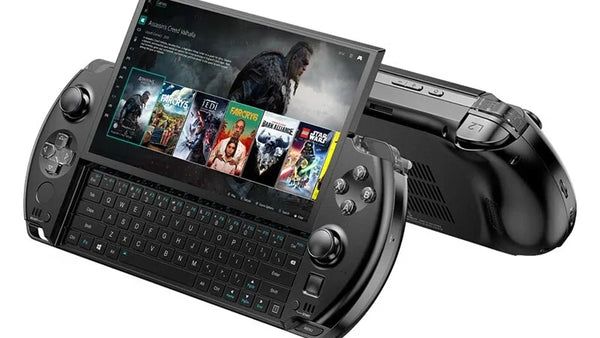 Black WIN 4 reference with open sliding keyboard and a second rear view on white