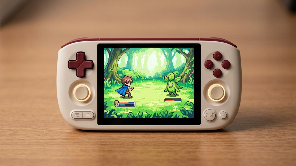 Editorial concept of Retro White Pocket Air Mini with original pixel-art battle artwork.