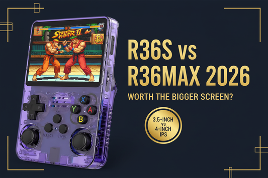 Vertical purple R36S retro handheld with Street Fighter gameplay comparing R36S and R36MAX 3.5-inch versus 4-inch IPS screens