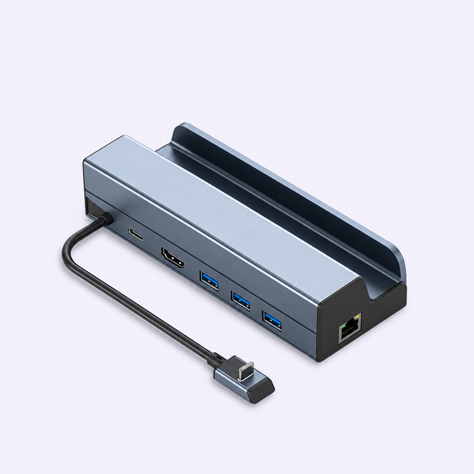 Edited illustration of a handheld dock with its cradle, attached USB-C lead and connection ports
