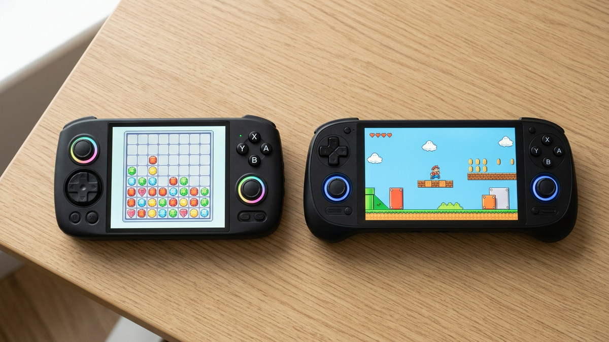 Editorial concept of black RG Cube and Pocket 5 handhelds with illustrated game screens.