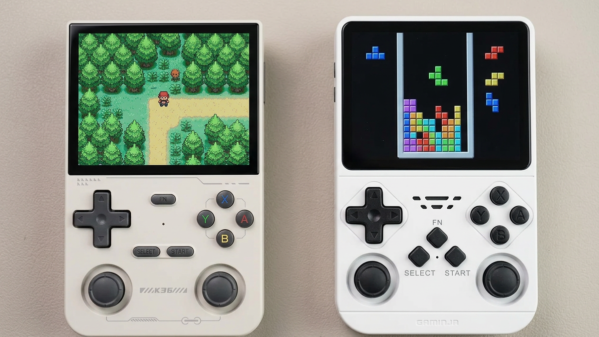 Editorial concept of white K36 and ANS11 handhelds with illustrative forest and block-puzzle screens