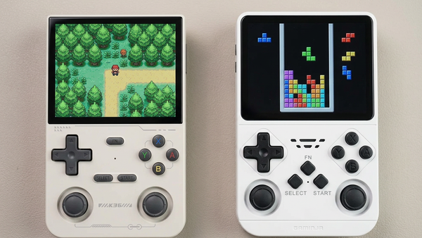 Editorial concept of white K36 and ANS11 handhelds with illustrative forest and block-puzzle screens
