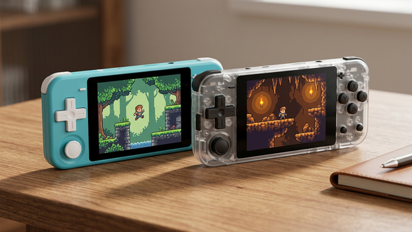 Editorial Q90 concept with light-blue and transparent handhelds and original pixel-platform art