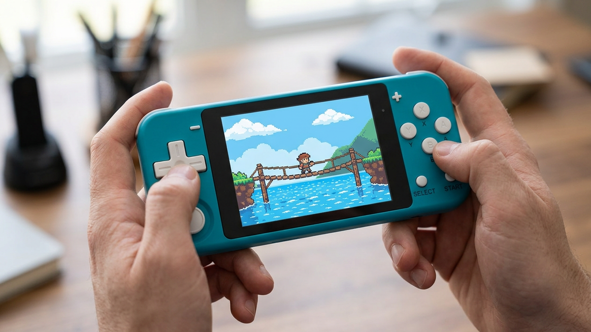 Editorial illustration of a light blue Q90 held in both hands with original pixel-art scenery