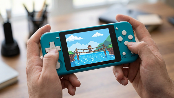 Editorial illustration of a light blue Q90 held in both hands with original pixel-art scenery