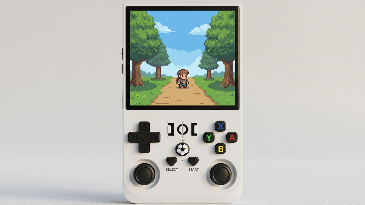 Editorial concept of white RG46 upright with original pixel-art woodland on its screen
