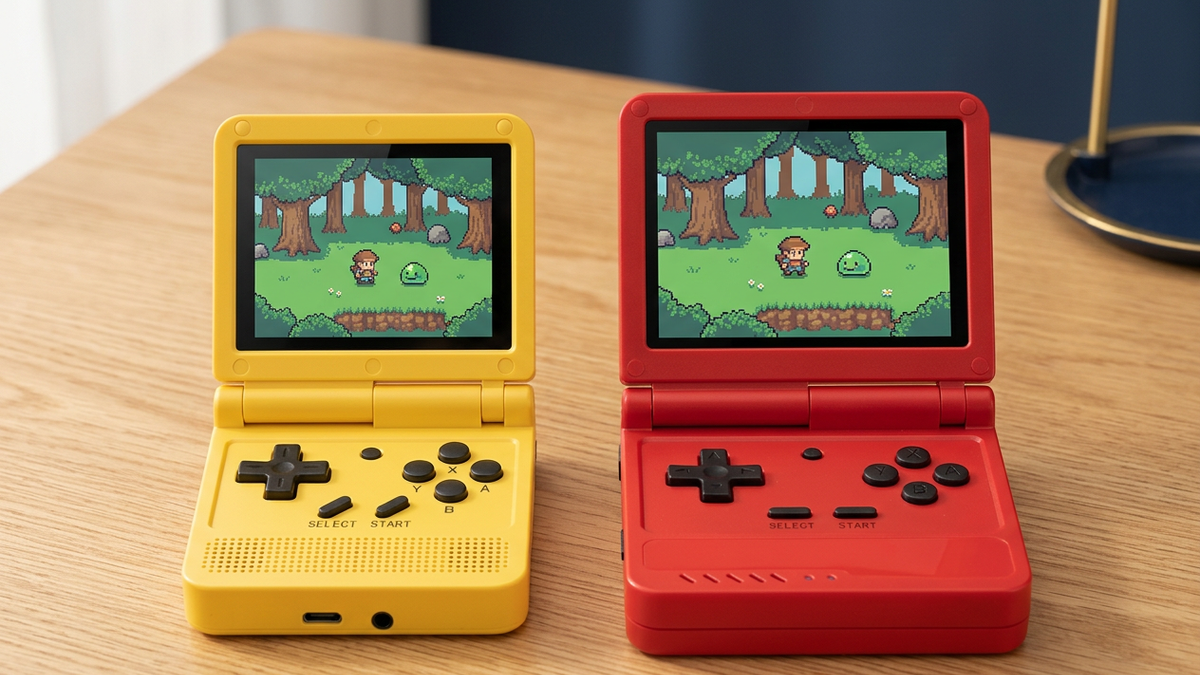 Editorial concept of yellow V90 and red V90S flip handhelds with original pixel-adventure art