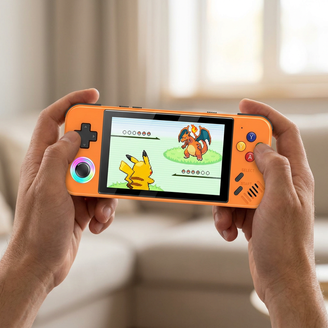 Hands holding the orange NEWM41 handheld showing a Pokemon battle scene, styled product artwork