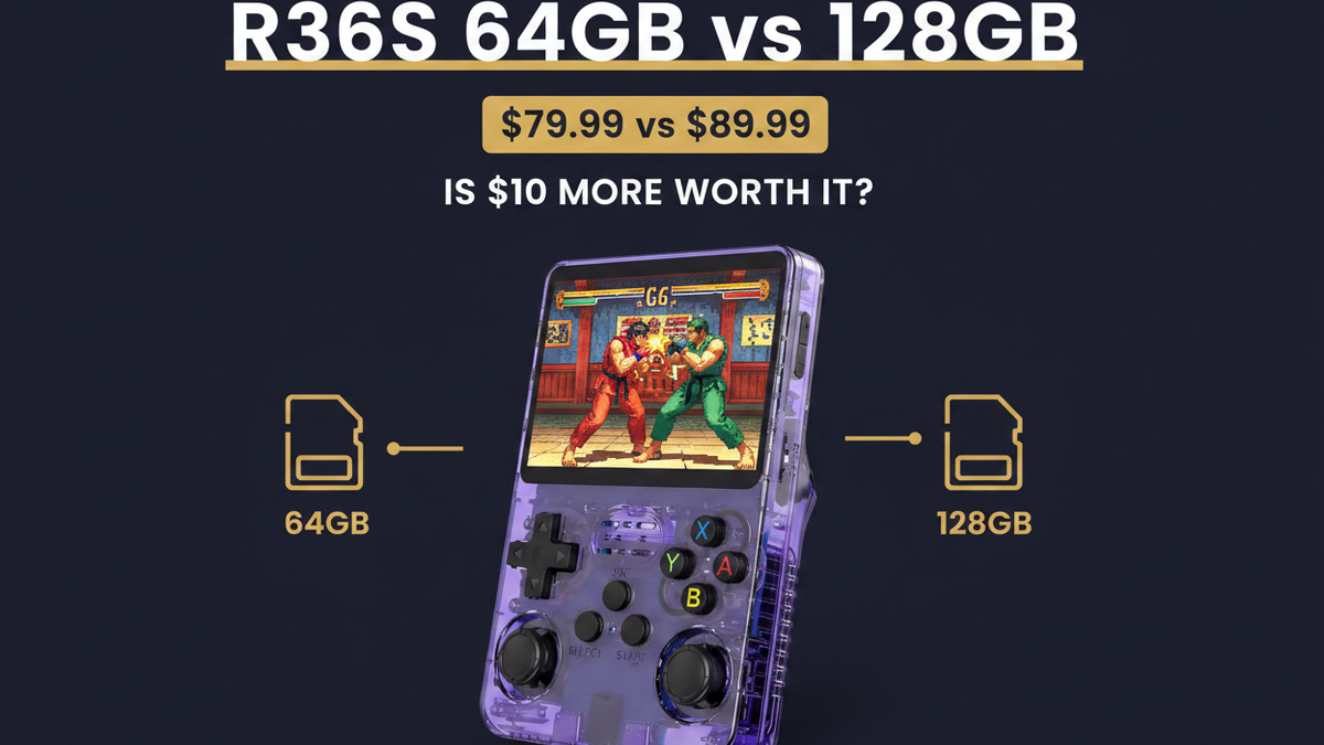 Vertical purple R36S retro handheld gaming console comparing 64GB and 128GB storage at $79.99 versus $89.99