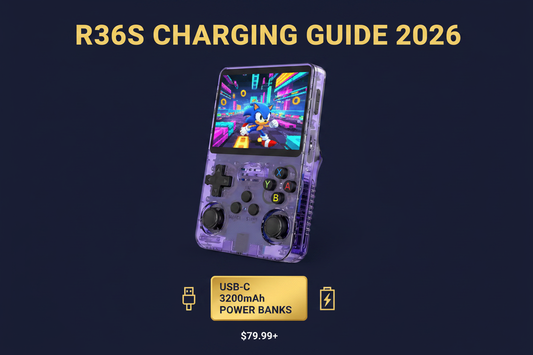 Purple R36S retro handheld gaming console with Sonic gameplay, USB-C charging, 3200mAh battery, power bank, and battery safety guide