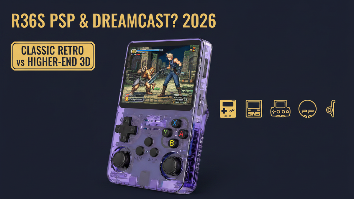 Purple R36S retro handheld gaming console with classic GBA, SNES, PS1, PSP, and Dreamcast compatibility comparison icons