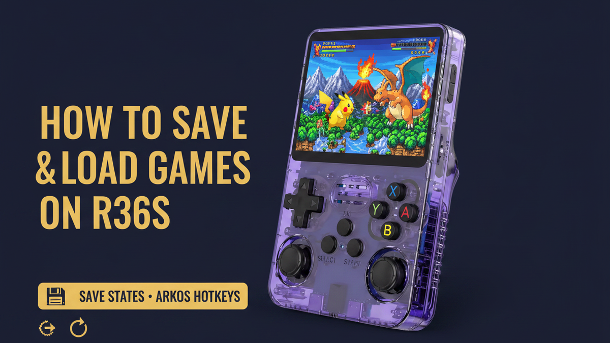 R36S purple retro handheld gaming console showing a retro battle scene, with save-state and ArkOS hotkey icons for saving and loading games