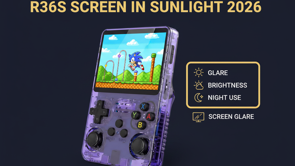 Purple R36S retro handheld gaming console with IPS screen, Sonic gameplay, sunlight, glare, brightness, and night-use icons