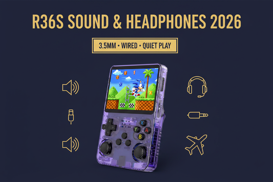 Purple R36S retro handheld gaming console with speaker, wired 3.5mm headphones, audio plug, and quiet travel gaming icons