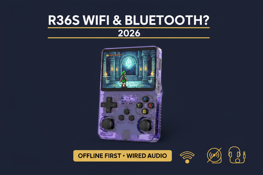 Purple R36S retro handheld gaming console with offline play, Wi-Fi and Bluetooth comparison symbols, and wired 3.5mm headphones