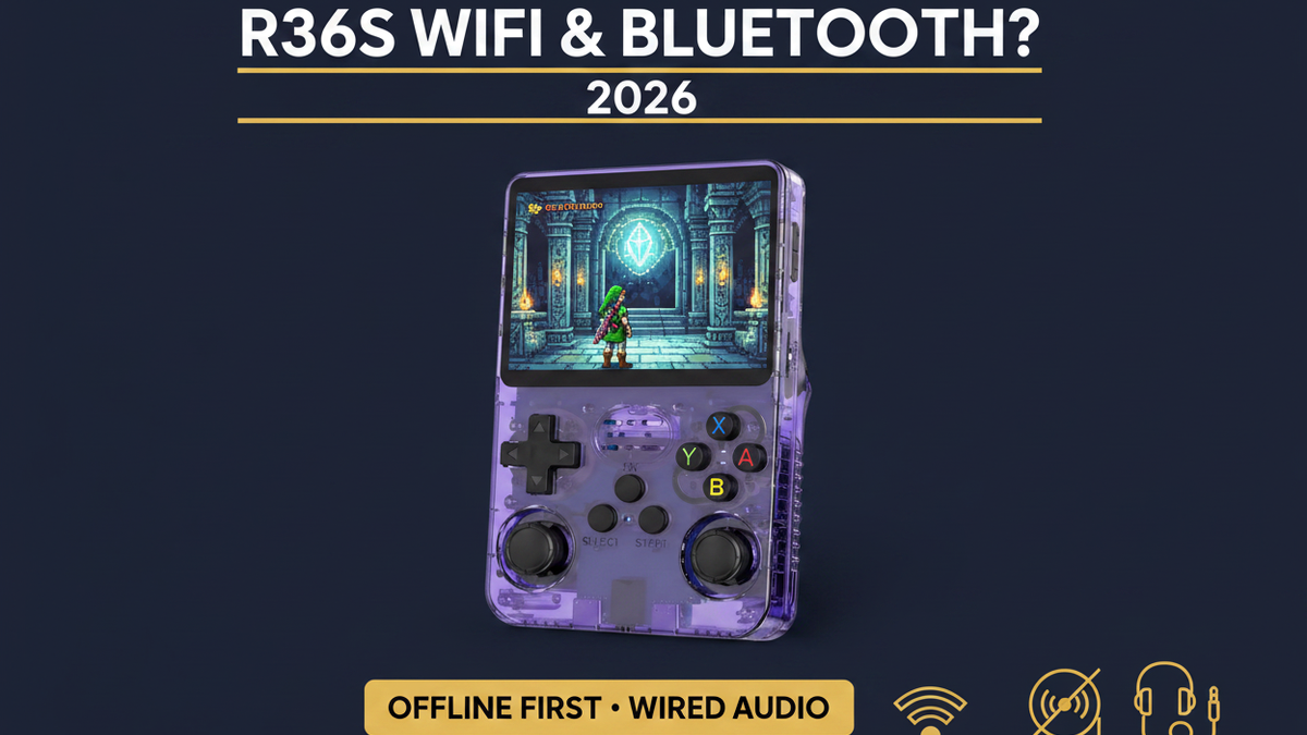 Purple R36S retro handheld gaming console with offline play, Wi-Fi and Bluetooth comparison symbols, and wired 3.5mm headphones