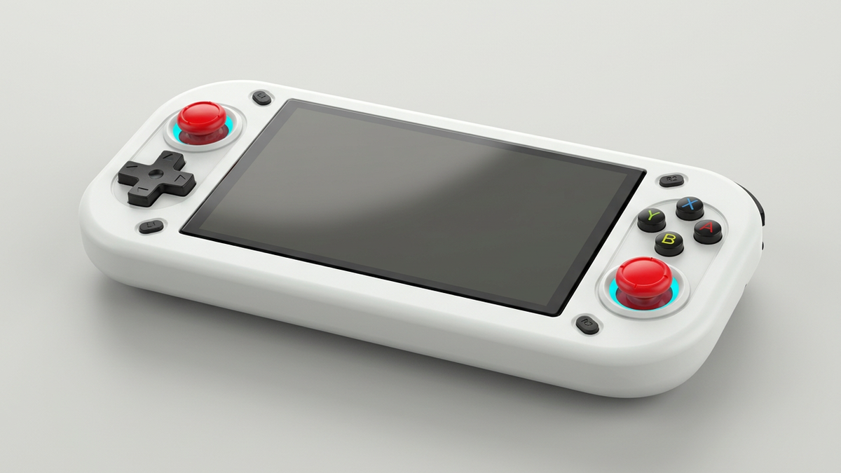 Editorial illustration of a white R43S-style handheld with red sticks and a dark screen