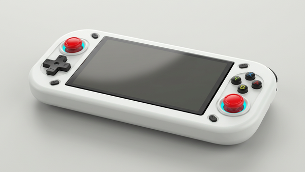 Editorial illustration of a white R43S-style handheld with red sticks and a dark screen