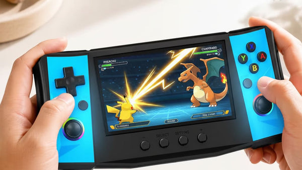 R50 Ultra landscape handheld held in two hands, its screen showing a Pokemon-style battle scene