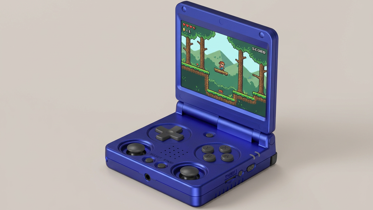 Editorial concept of a blue RG34XXSP open with woodland-platform screen art