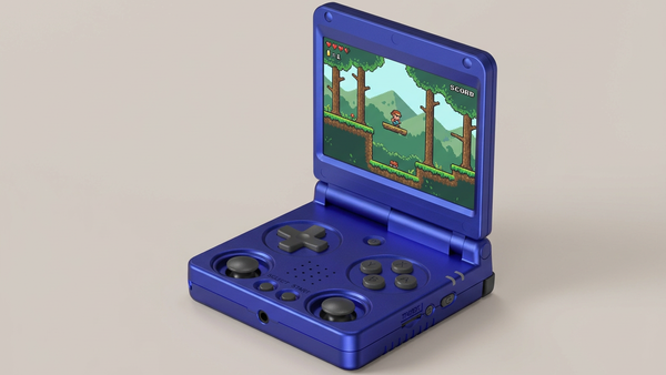 Editorial concept of a blue RG34XXSP open with woodland-platform screen art