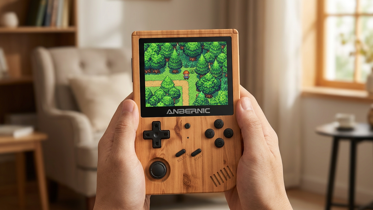 AI editorial illustration of a wood-grain RG351V held in two hands with a forest screen scene.