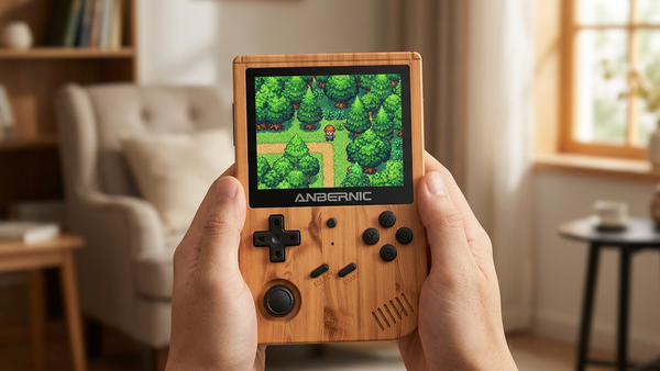AI editorial illustration of a wood-grain RG351V held in two hands with a forest screen scene.