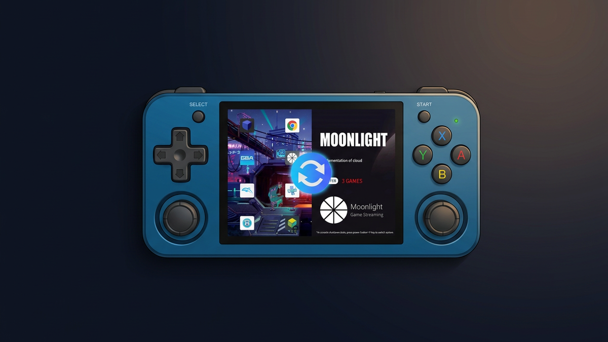 Blue RG353M on a dark desk with Moonlight-themed screen artwork, an editorial illustration.
