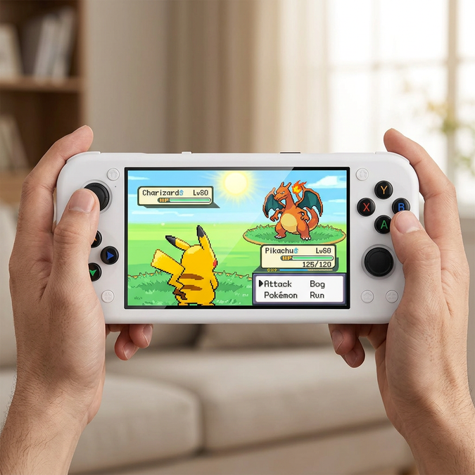 Hands holding the white RG50XX handheld showing a Pokemon battle scene, styled product artwork